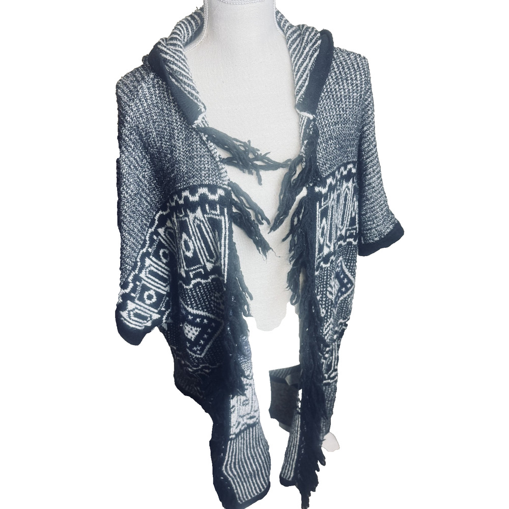 American Eagle Tribal Aztec Poncho black white fringe cotton wool Sweater Boho